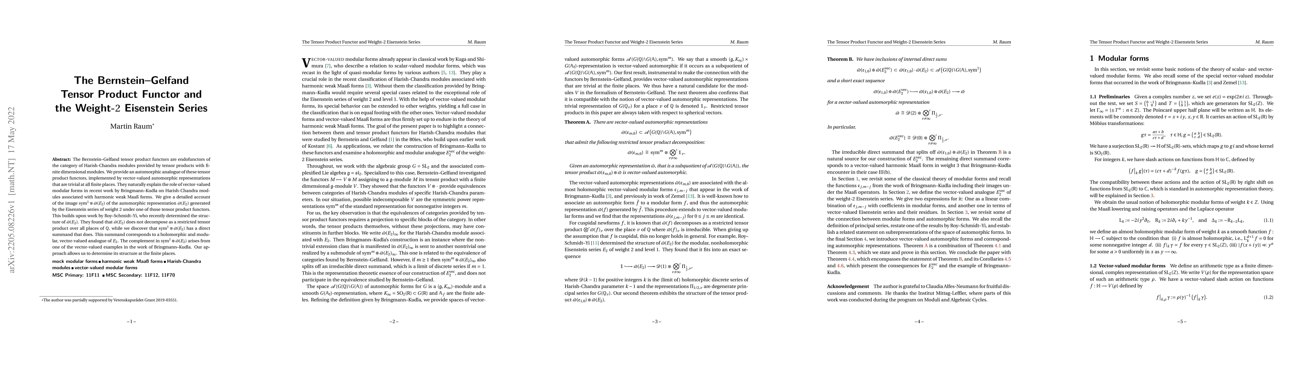 Thumbnail for The Bernstein-Gelfand Tensor Product Functor and the Weight-2 Eisenstein
  Series