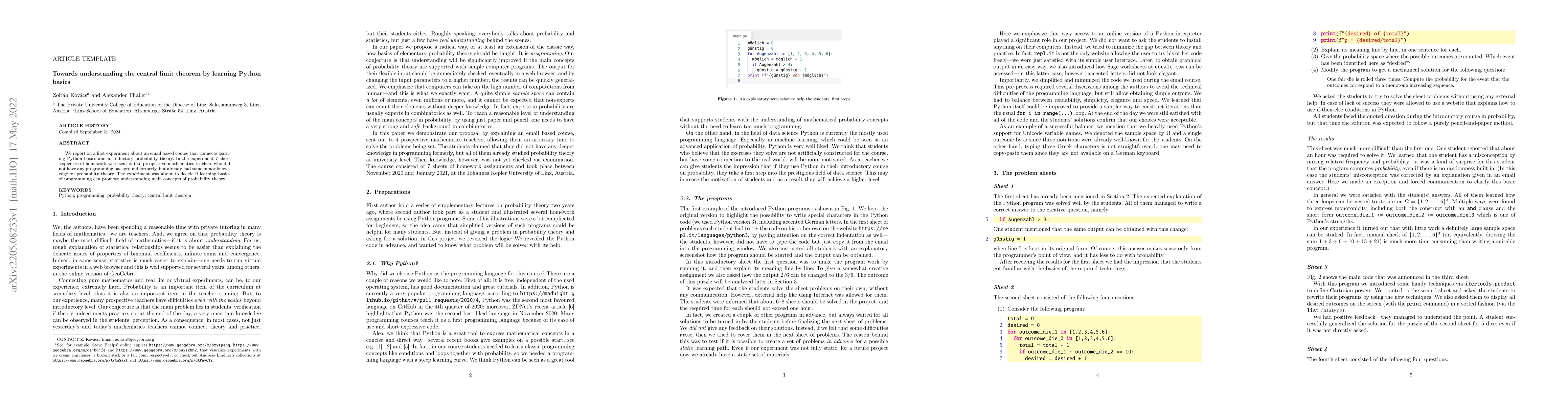 Thumbnail for Towards understanding the central limit theorem by learning Python
  basics