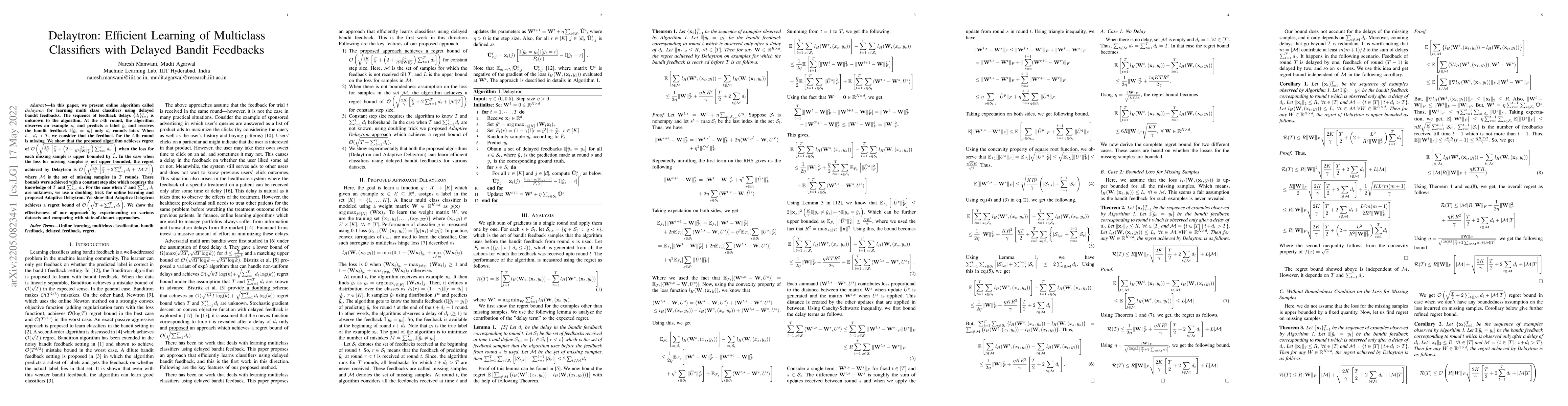 Thumbnail for Delaytron: Efficient Learning of Multiclass Classifiers with Delayed
  Bandit Feedbacks