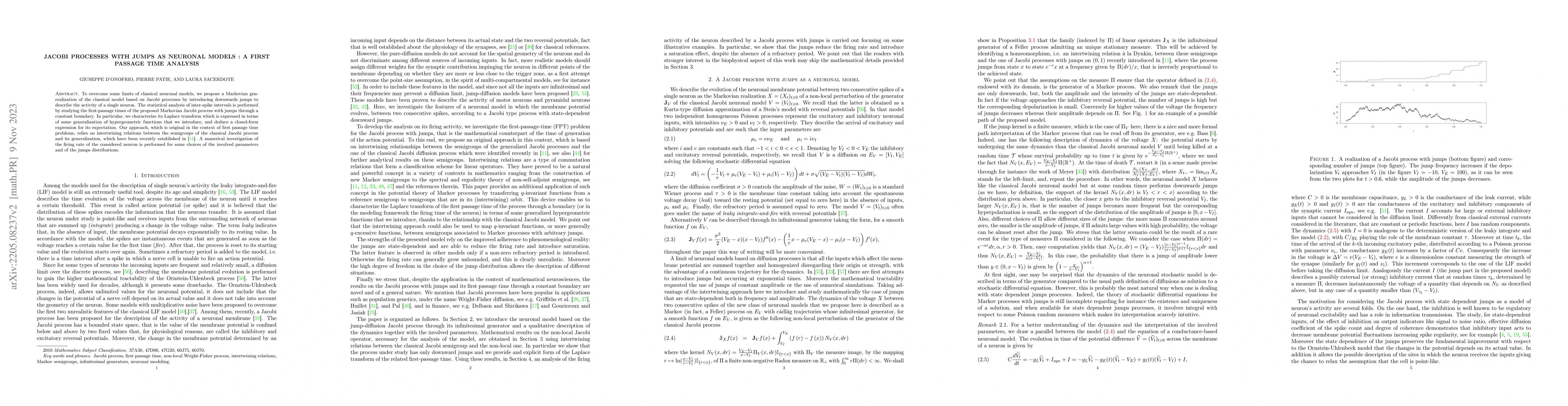 Thumbnail for Jacobi processes with jumps as neuronal models: a first passage time
  analysis