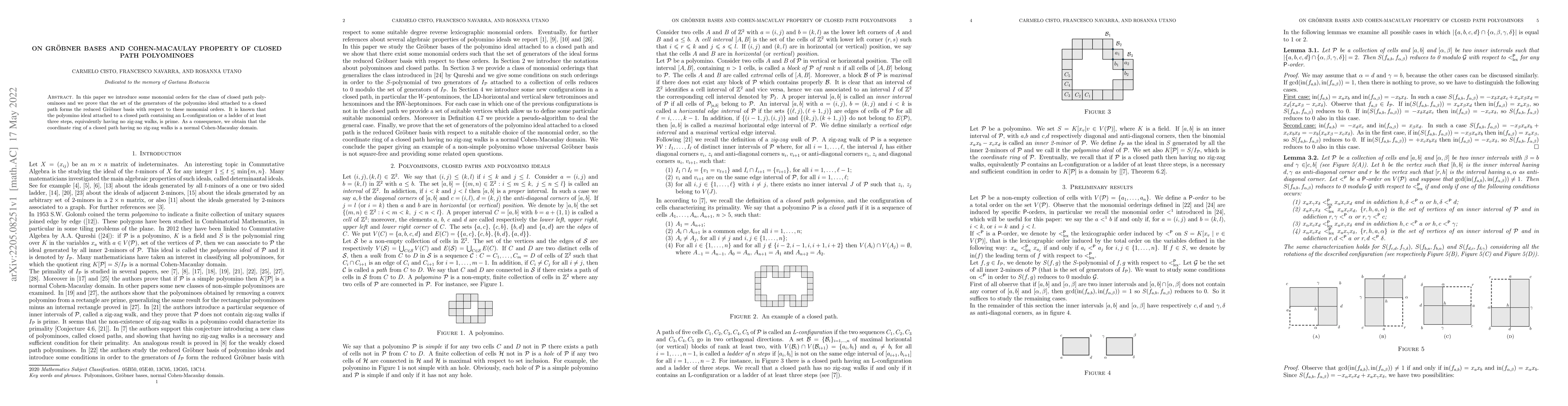 Thumbnail for On Gr\"obner bases and Cohen-Macaulay property of closed path
  polyominoes