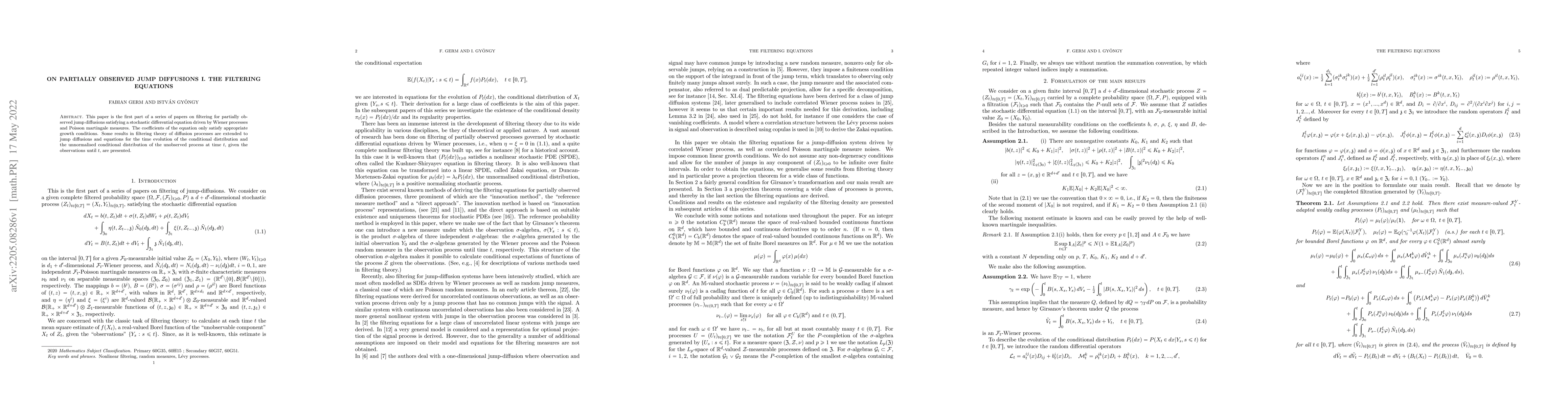Thumbnail for On partially observed jump diffusions I. The filtering equations