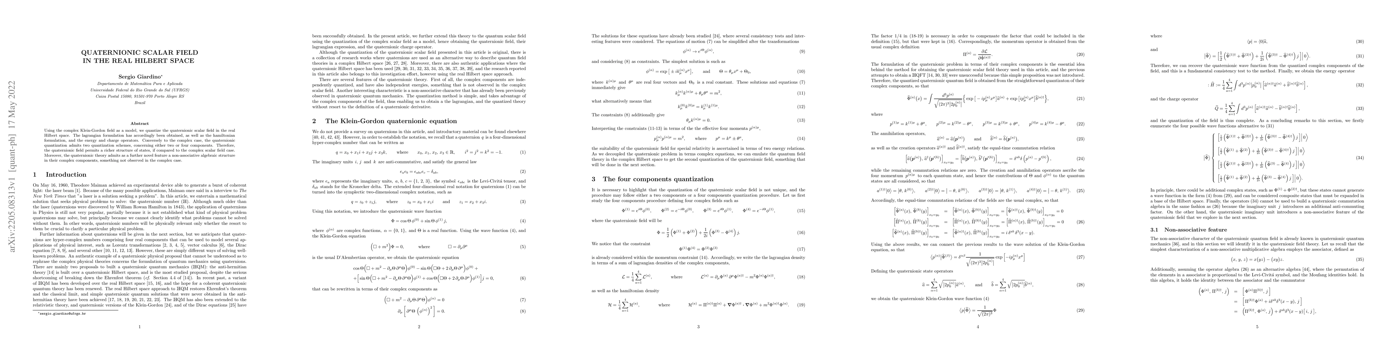 Thumbnail for Quaternionic scalar field in the real Hilbert space
