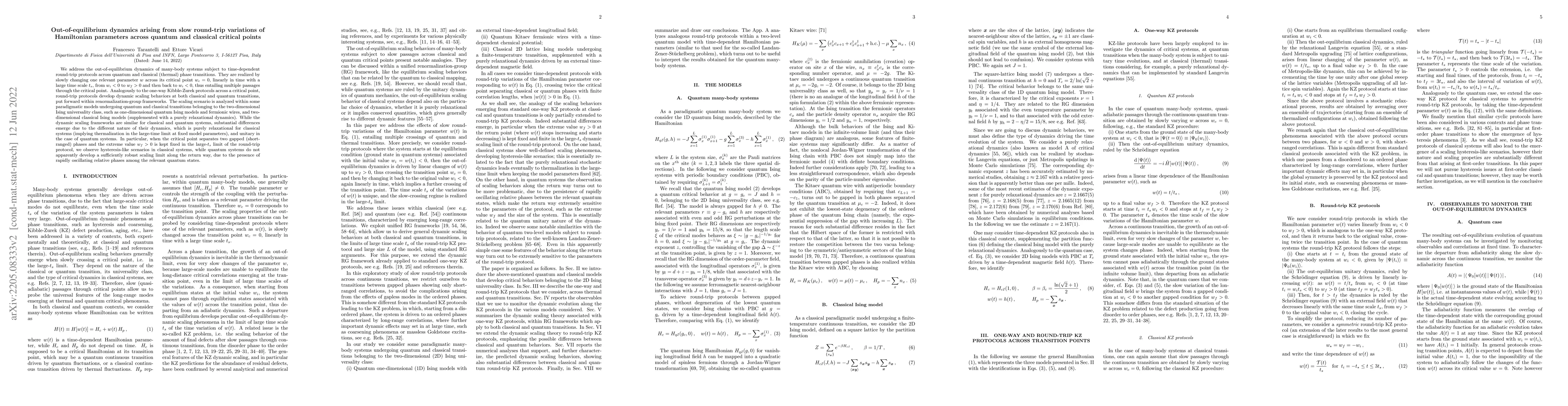Thumbnail for Out-of-equilibrium dynamics arising from slow round-trip variations of
  Hamiltonian parameters across quantum and classical critical points