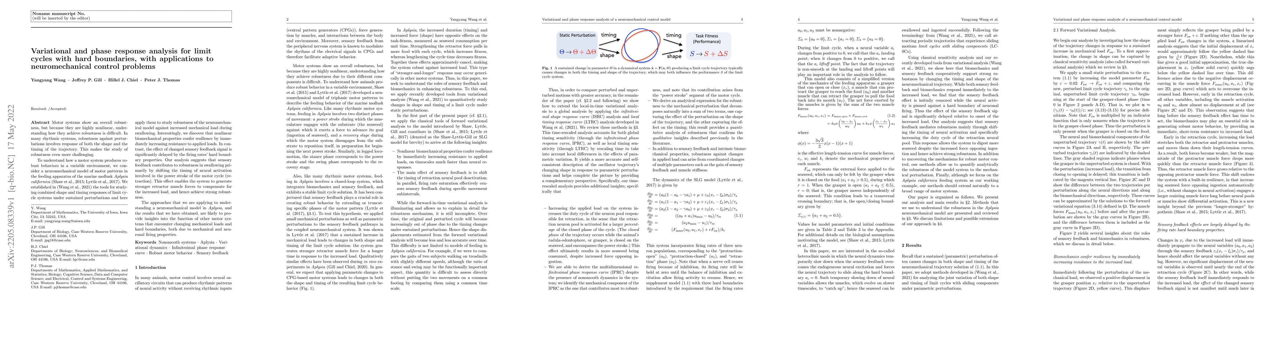 Thumbnail for Variational and phase response analysis for limit cycles with hard
  boundaries, with applications to neuromechanical control problems