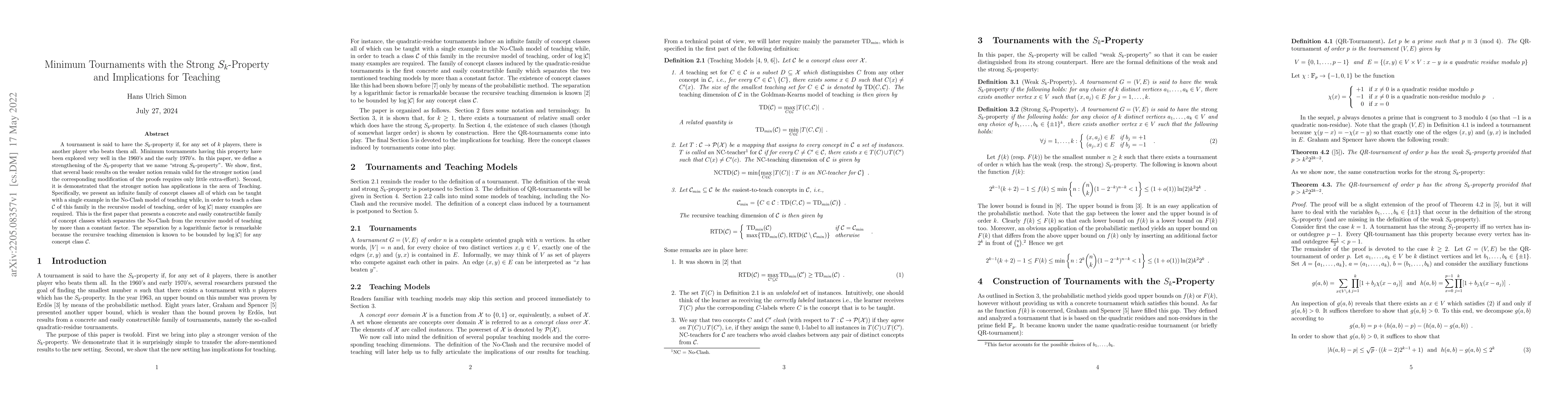 Thumbnail for Minimum Tournaments with the Strong $S_k$-Property and Implications for
  Teaching