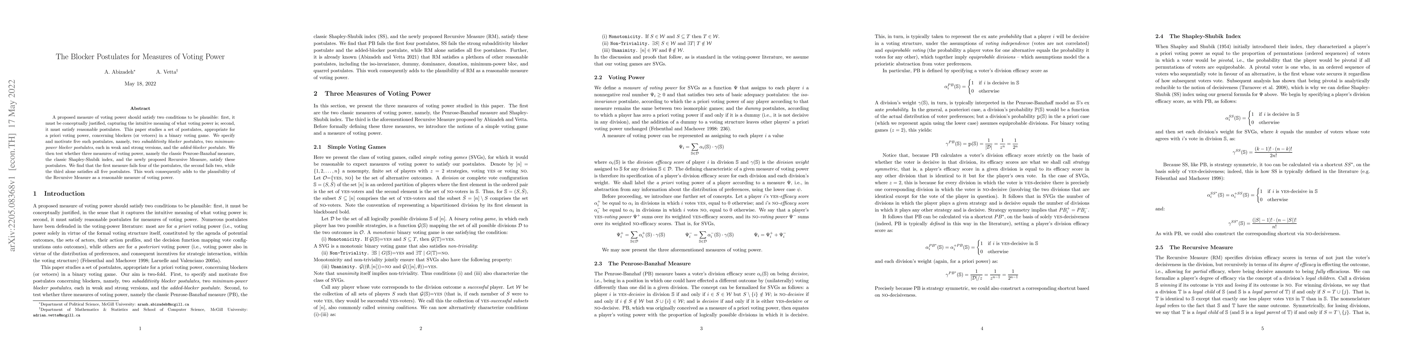 Thumbnail for The Blocker Postulates for Measures of Voting Power