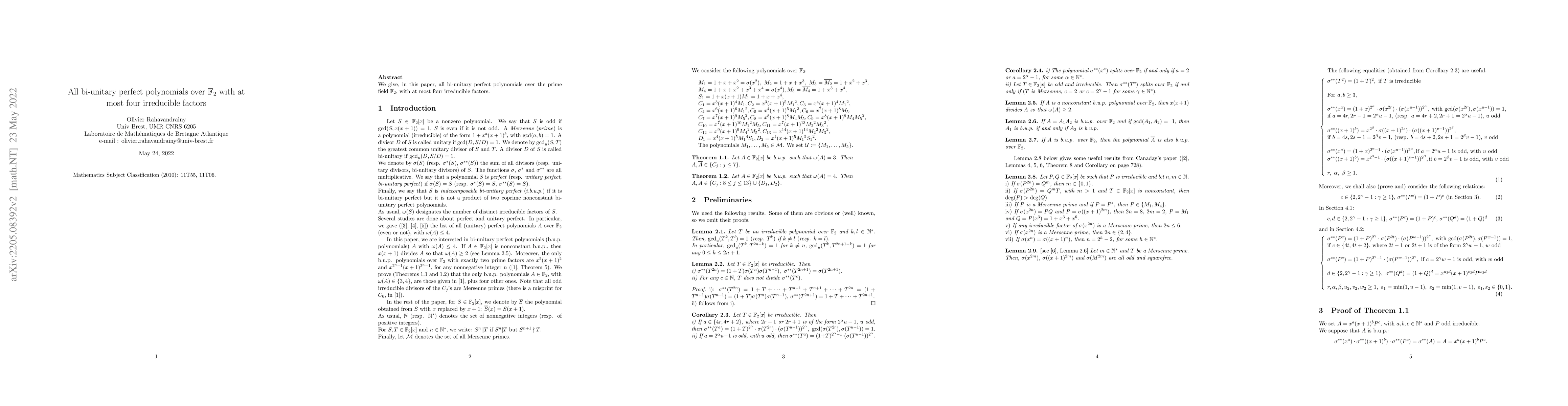 Thumbnail for All bi-unitary perfect polynomials over $\mathbb{F}_2$ with at most four
  irreducible factors