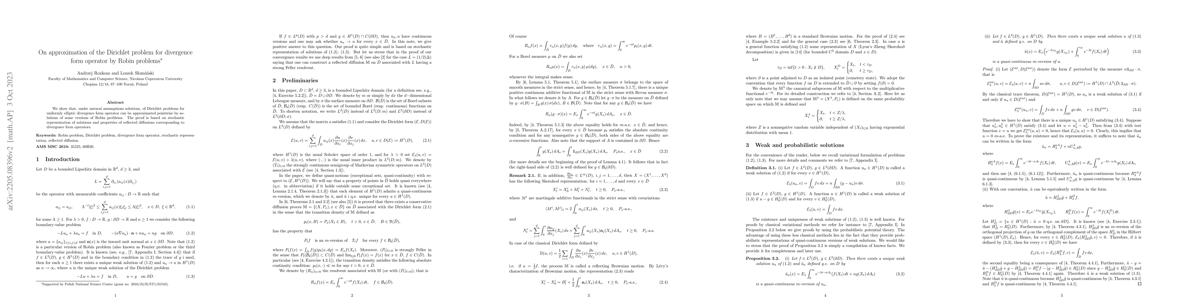 Thumbnail for On approximation of the Dirichlet problem for divergence form operator
  by Robin problems