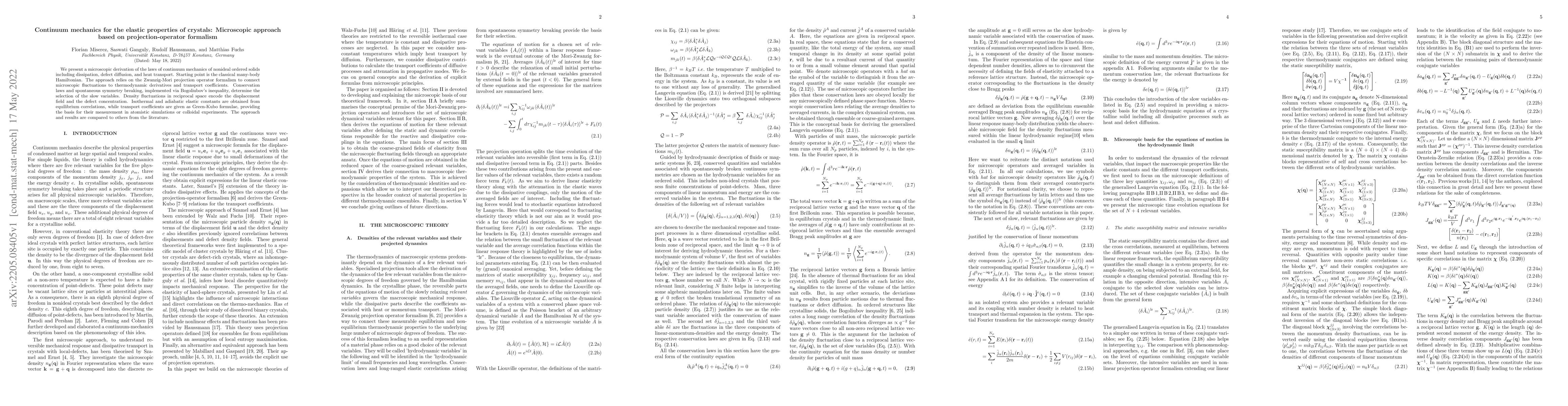 Thumbnail for Continuum mechanics for the elastic properties of crystals: Microscopic
  approach based on projection-operator formalism