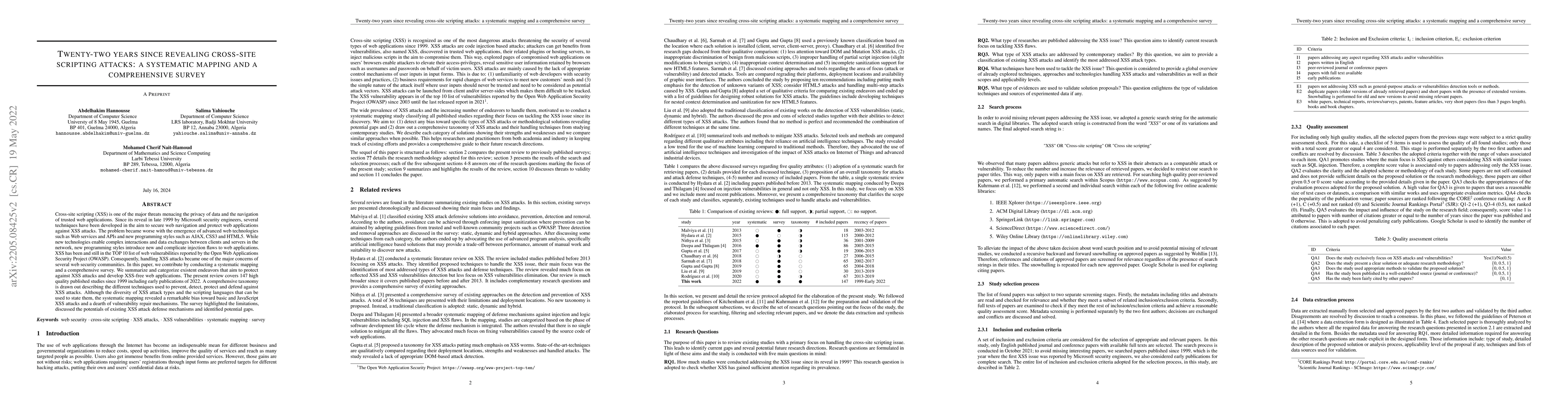 Thumbnail for Twenty-two years since revealing cross-site scripting attacks: a
  systematic mapping and a comprehensive survey