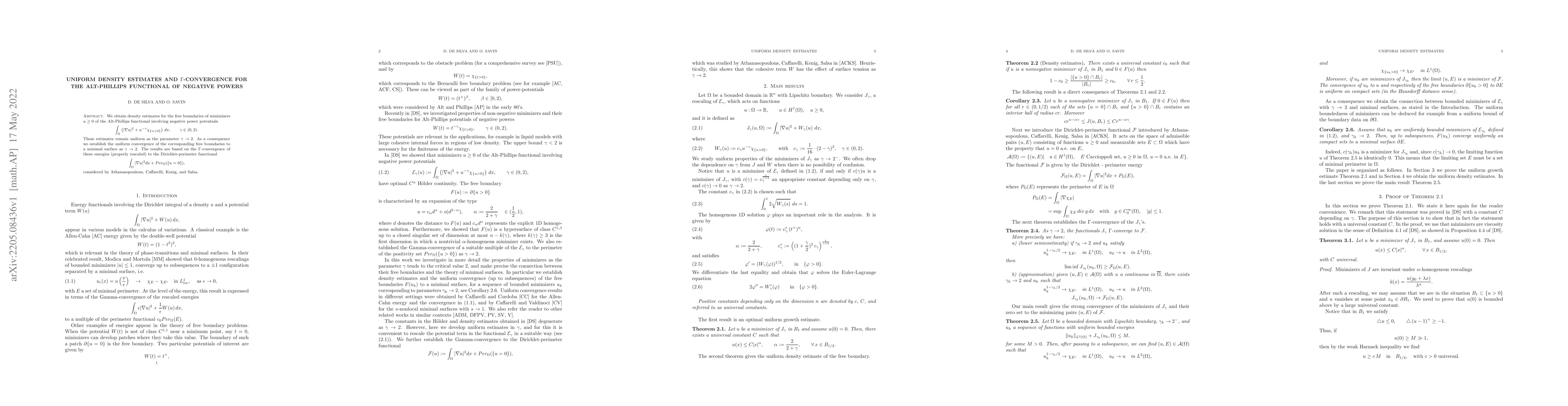Thumbnail for Uniform density estimates and $\Gamma$-convergence for the Alt-Phillips
  functional of negative powers