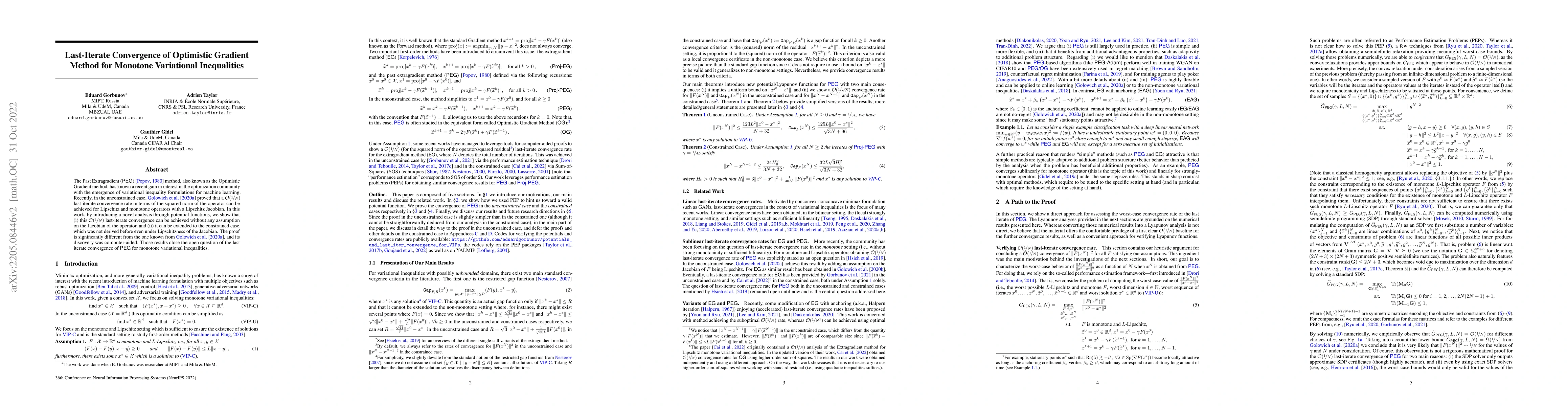 Thumbnail for Last-Iterate Convergence of Optimistic Gradient Method for Monotone
  Variational Inequalities