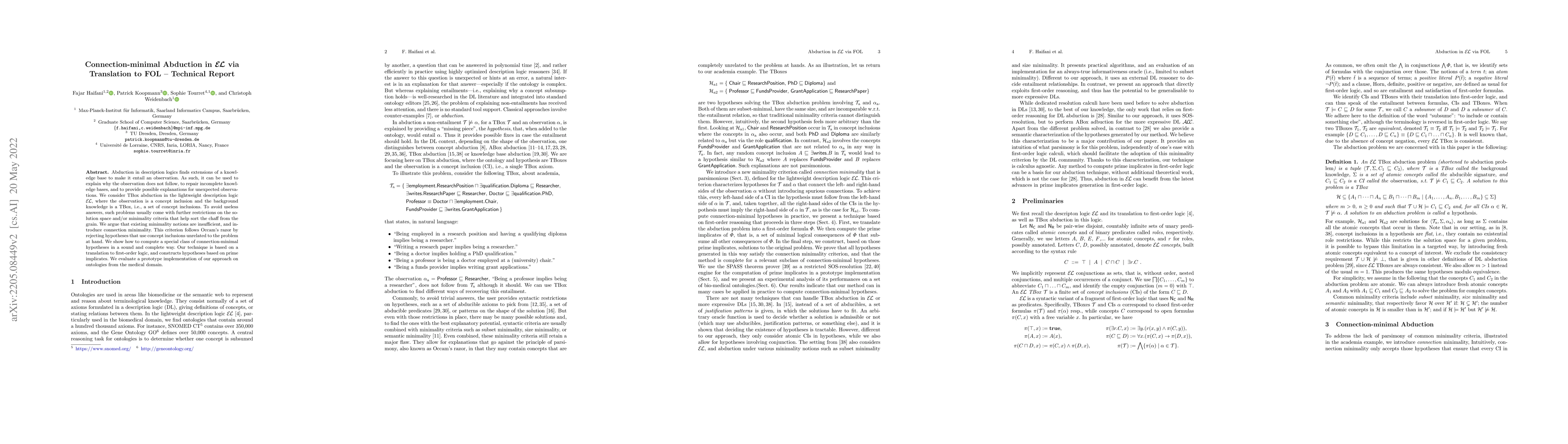 Thumbnail for Connection-minimal Abduction in EL via Translation to FOL -- Technical
  Report