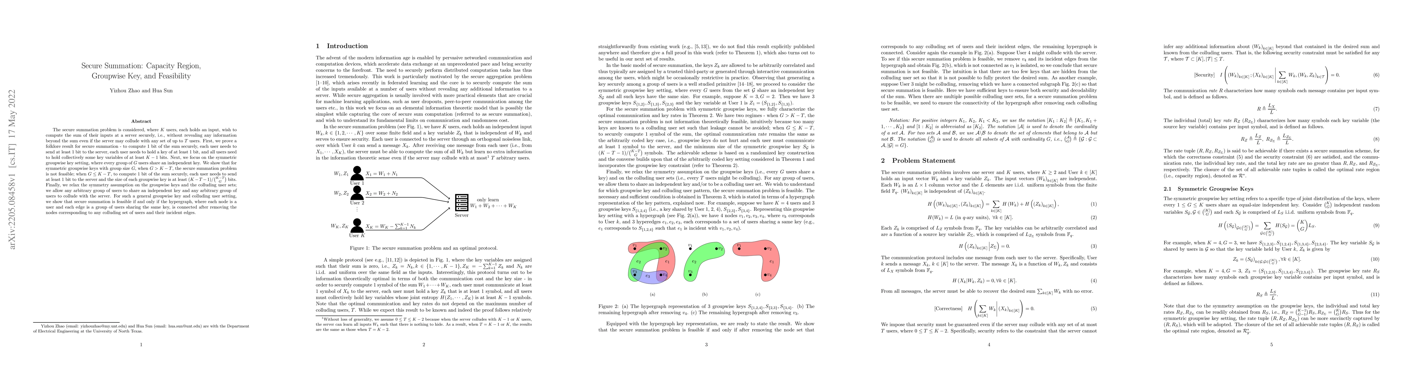 Thumbnail for Secure Summation: Capacity Region, Groupwise Key, and Feasibility