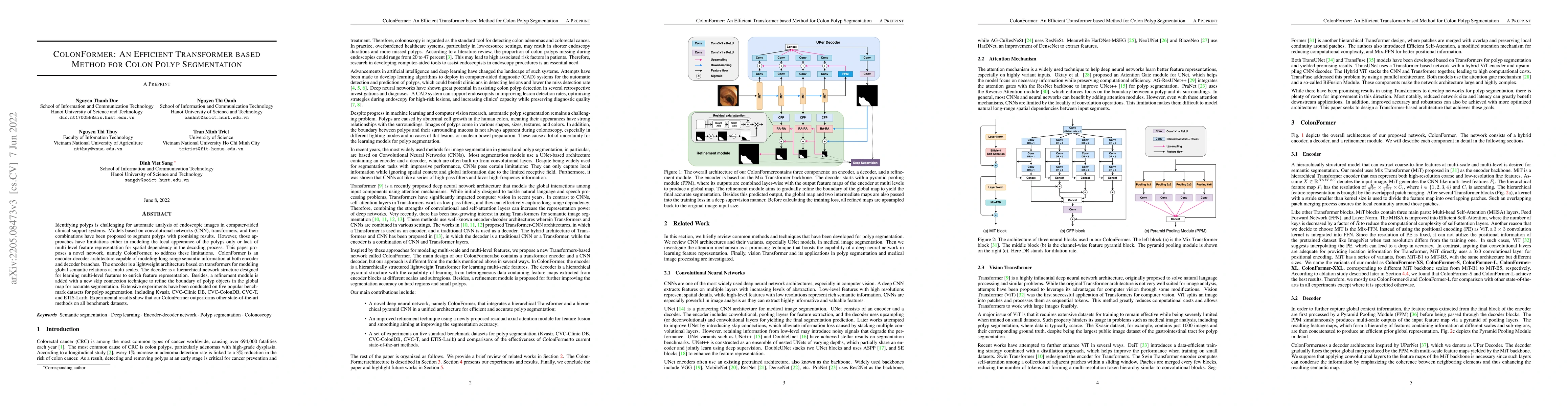 Thumbnail for ColonFormer: An Efficient Transformer based Method for Colon Polyp
  Segmentation