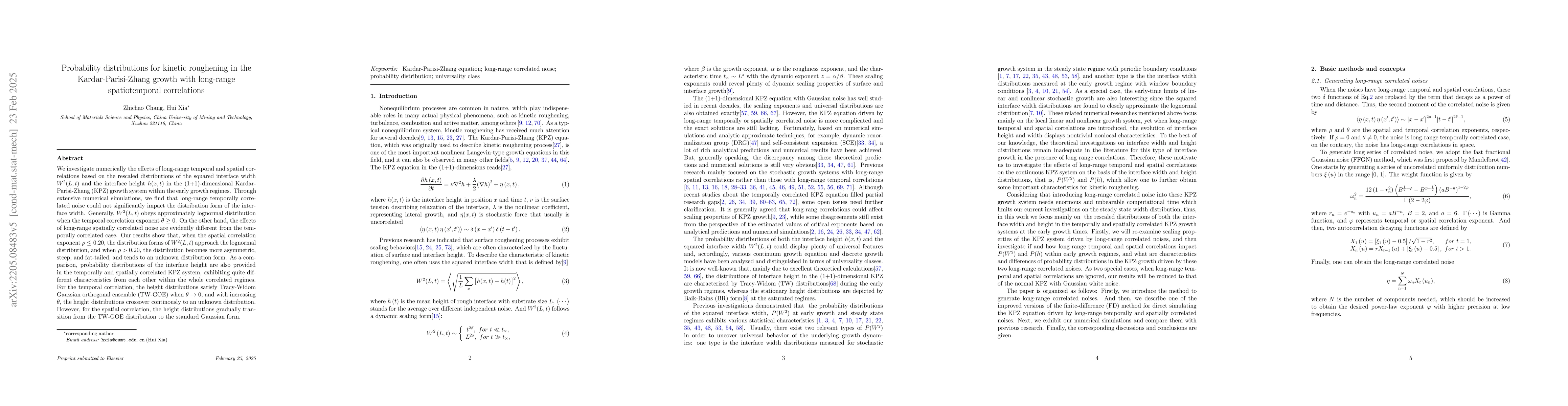 Thumbnail for Probability distributions for kinetic roughening in the
  Kardar-Parisi-Zhang growth with long-range temporal and spatial correlations