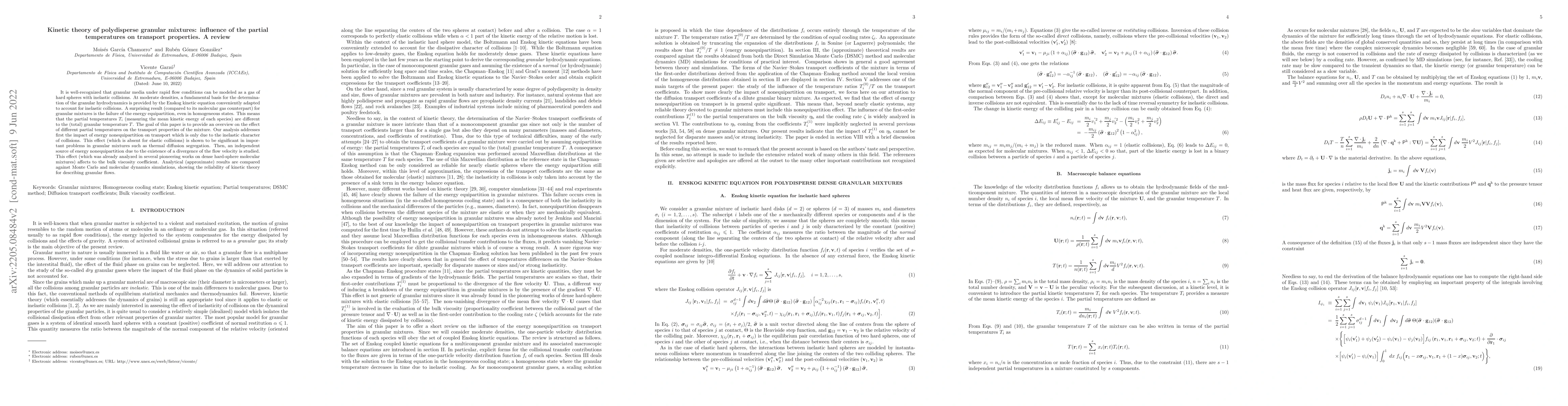 Thumbnail for Kinetic theory of polydisperse granular mixtures: influence of the
  partial temperatures on transport properties. A review
