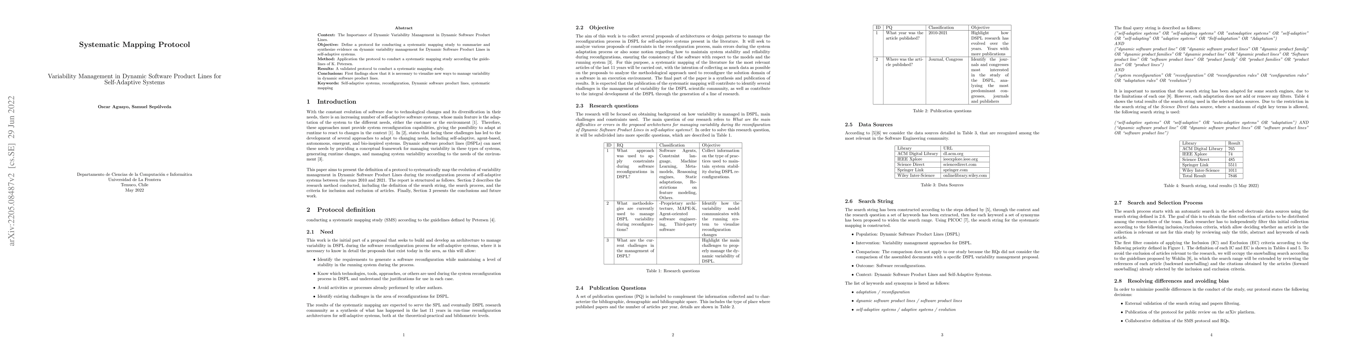 Thumbnail for Systematic Mapping Protocol: Variability Management in Dynamic Software
  Product Lines for Self-Adaptive Systems