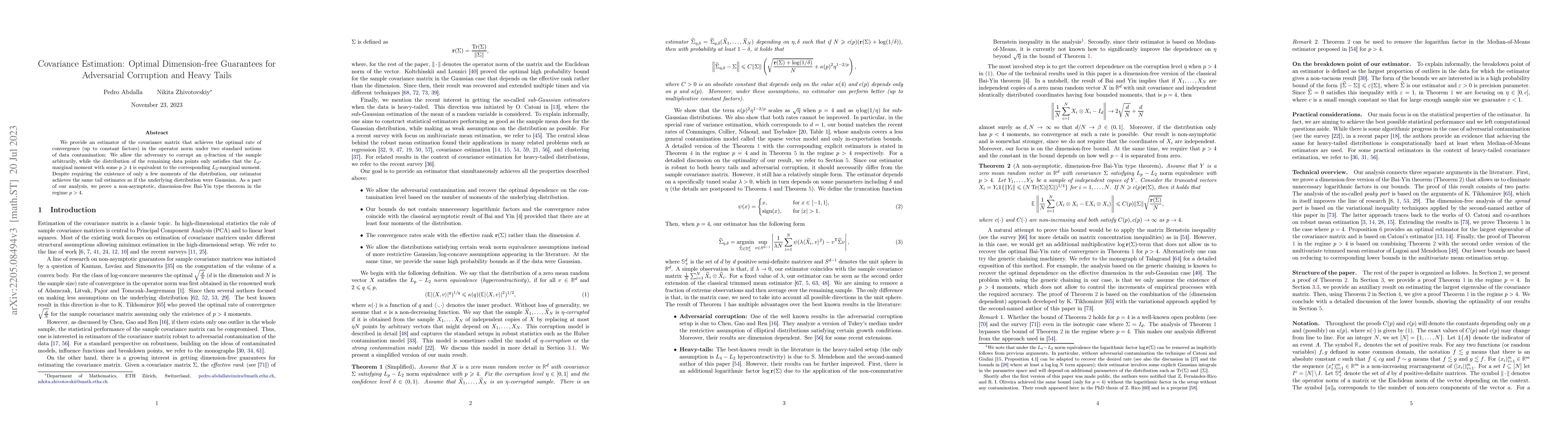 Thumbnail for Covariance Estimation: Optimal Dimension-free Guarantees for Adversarial
  Corruption and Heavy Tails