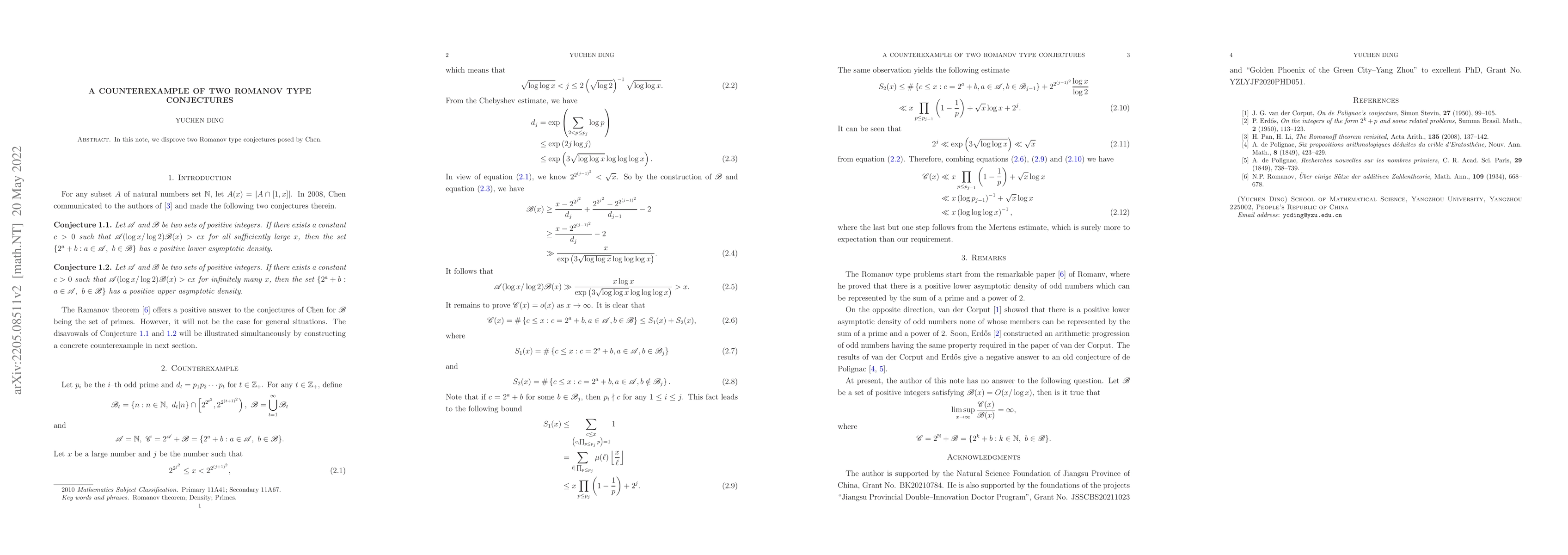 Thumbnail for A counterexample of two Romanov type conjectures
