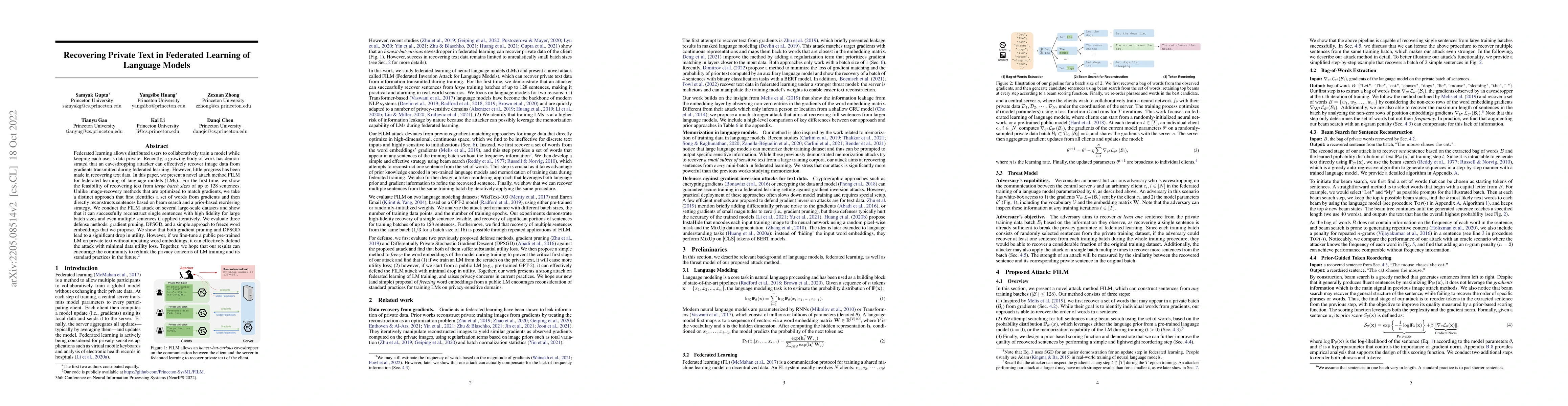 Thumbnail for Recovering Private Text in Federated Learning of Language Models