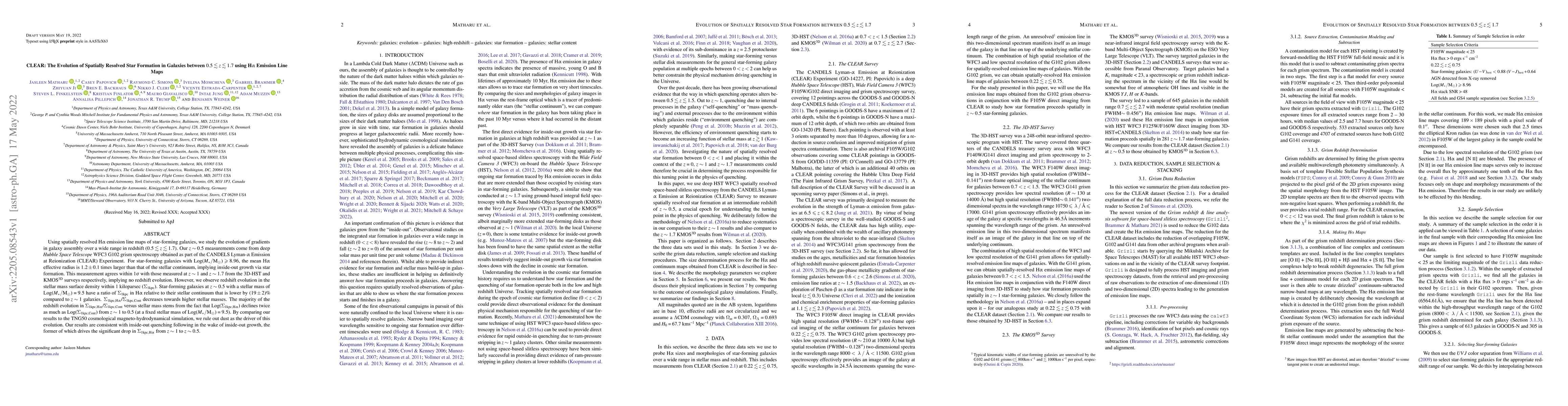 Thumbnail for CLEAR: The Evolution of Spatially Resolved Star Formation in Galaxies
  between $0.5\lesssim z \lesssim1.7$ using H$\alpha$ Emission Line Maps