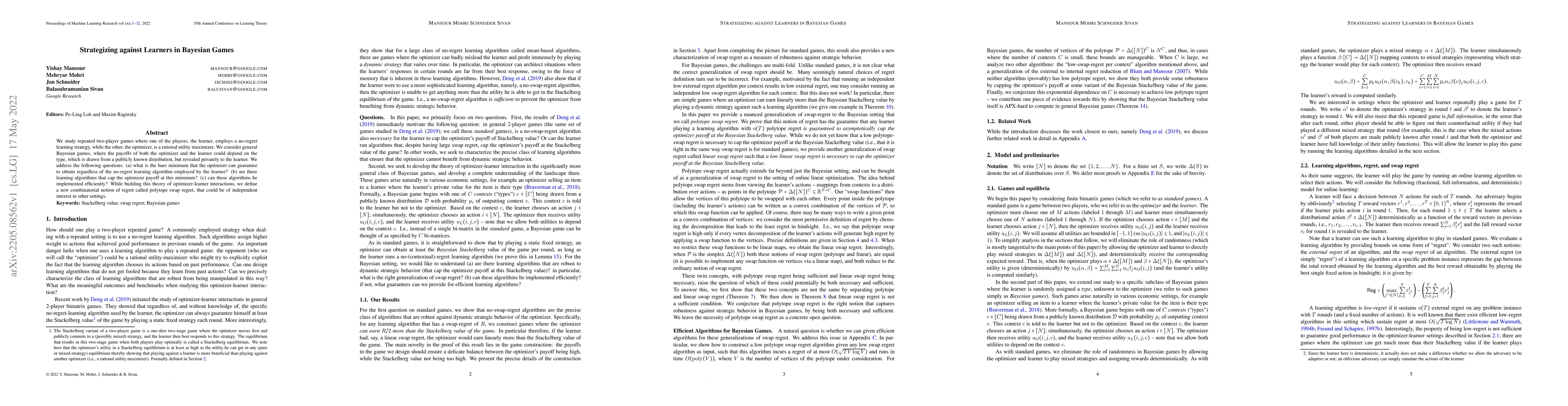 Thumbnail for Strategizing against Learners in Bayesian Games
