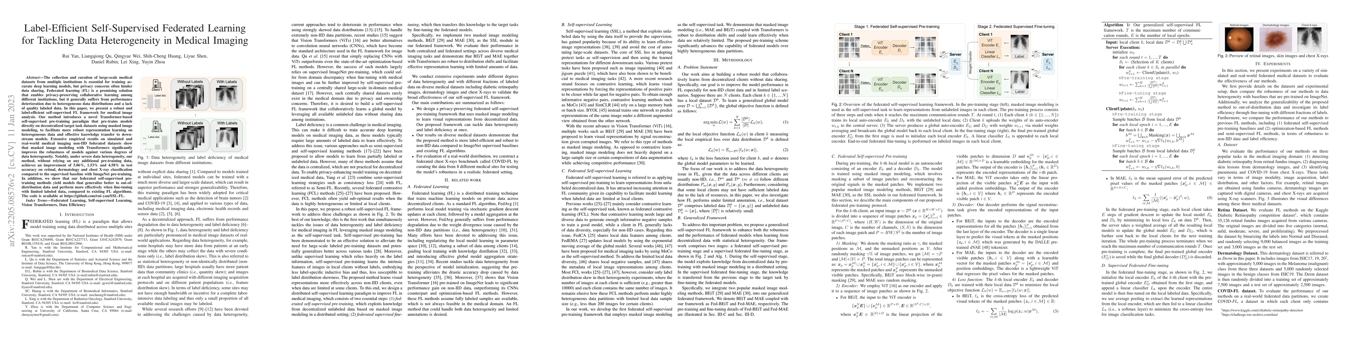 Thumbnail for Label-Efficient Self-Supervised Federated Learning for Tackling Data
  Heterogeneity in Medical Imaging