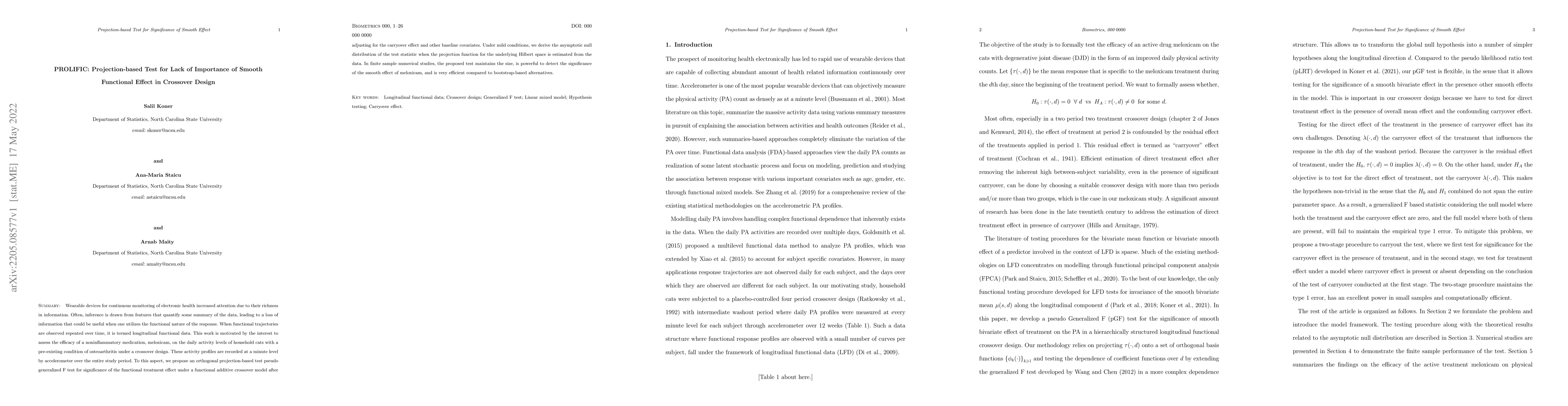 Thumbnail for PROLIFIC: Projection-based Test for Lack of Importance of Smooth
  Functional Effect in Crossover Design