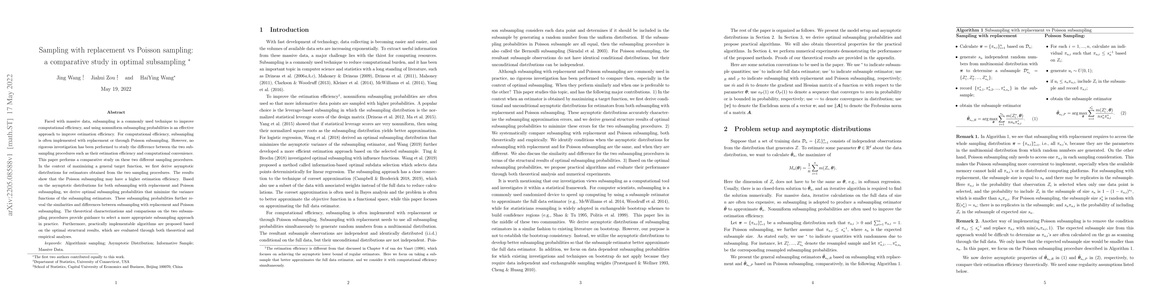 Thumbnail for Sampling with replacement vs Poisson sampling: a comparative study in
  optimal subsampling