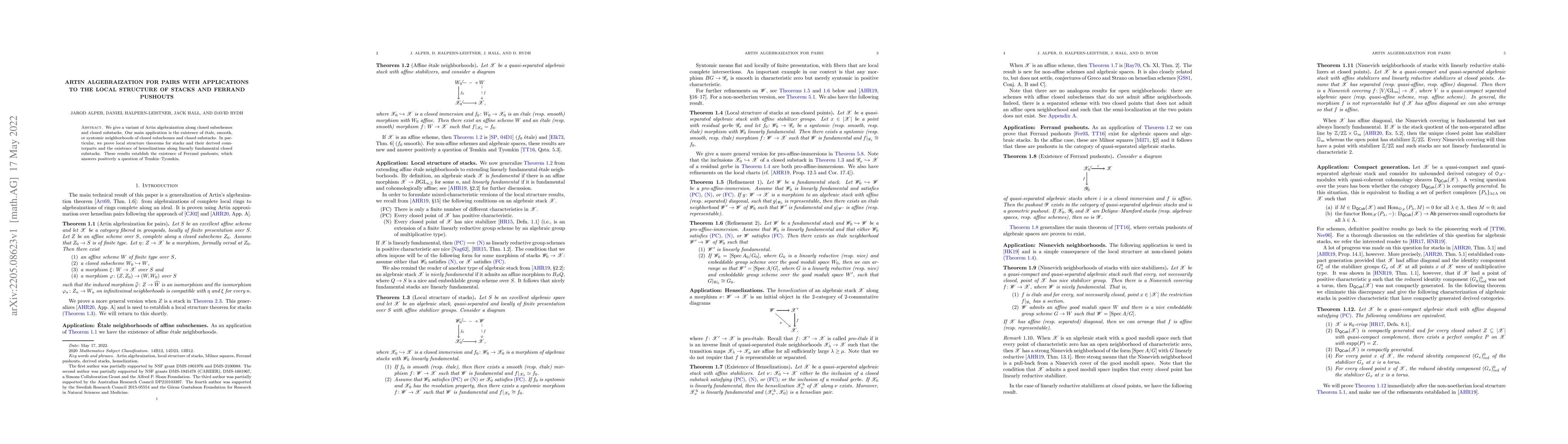 Thumbnail for Artin algebraization for pairs with applications to the local structure
  of stacks and Ferrand pushouts