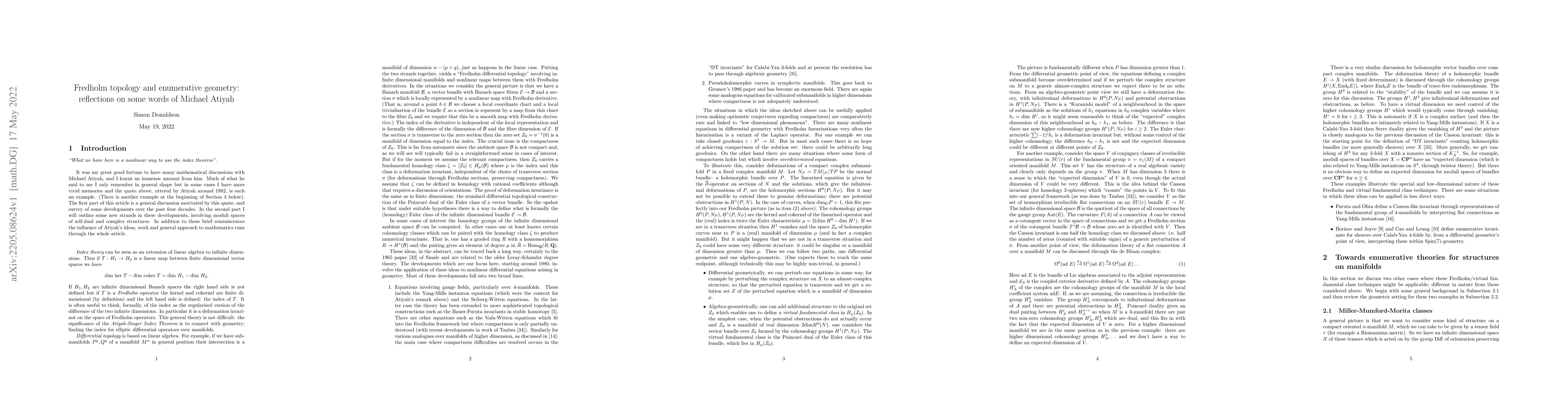 Thumbnail for Fredholm topology and enumerative geometry: reflections on some words of
  Michael Atiyah
