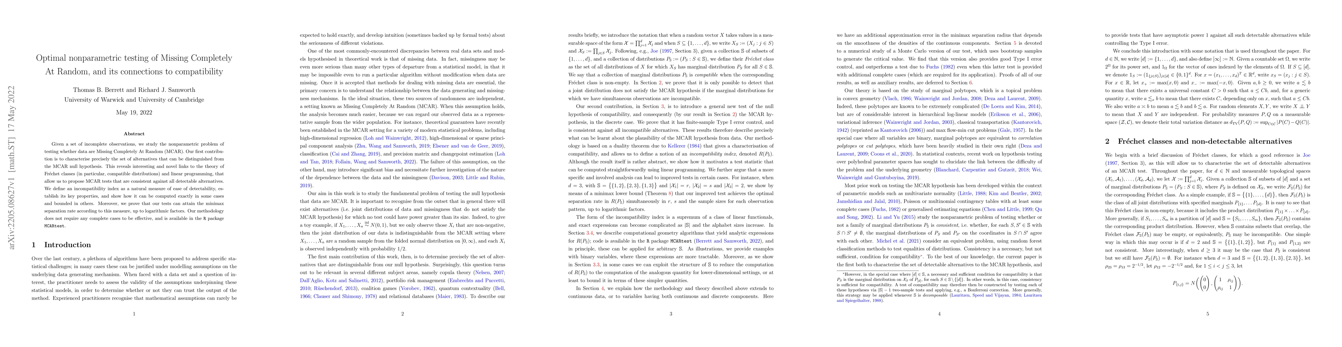 Thumbnail for Optimal nonparametric testing of Missing Completely At Random, and its
  connections to compatibility
