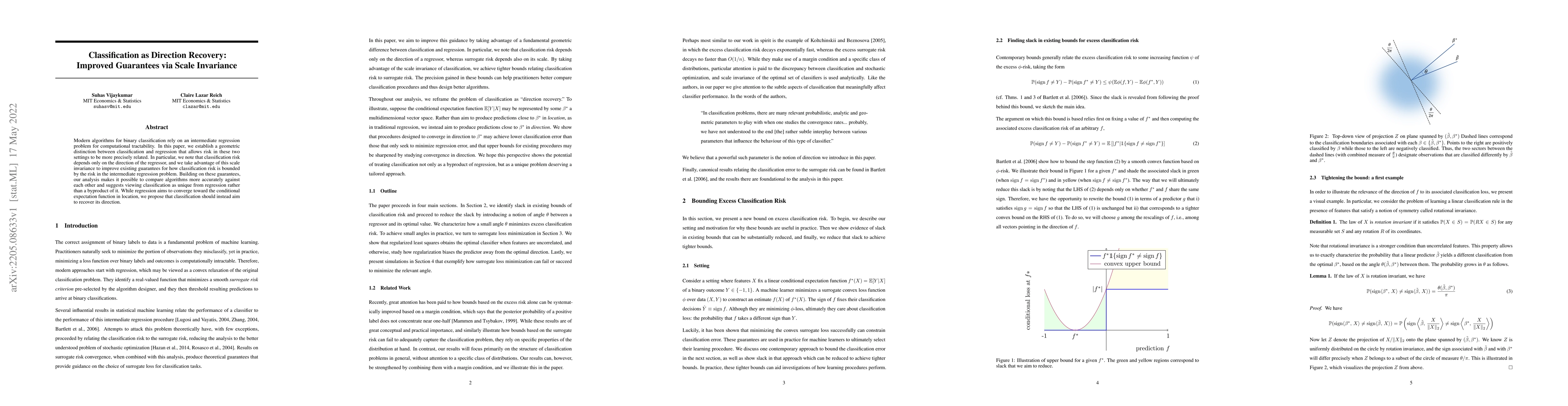Thumbnail for Classification as Direction Recovery: Improved Guarantees via Scale
  Invariance
