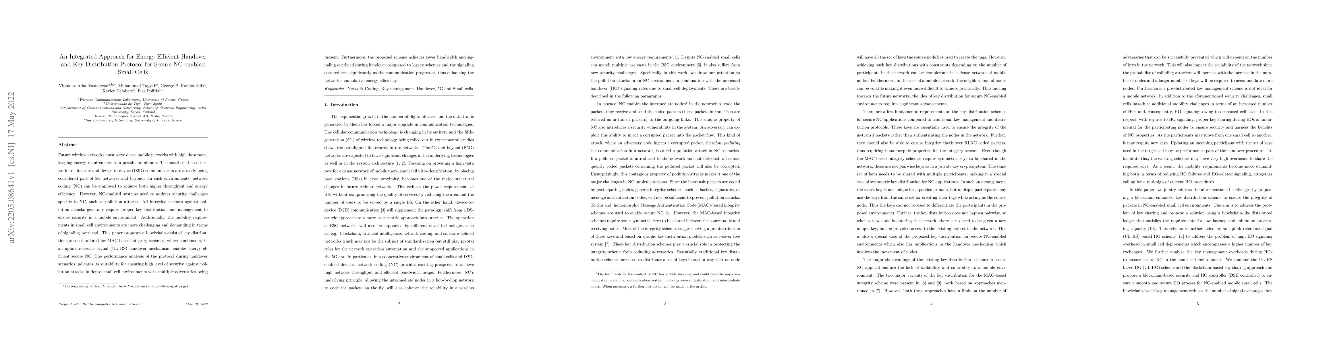 Thumbnail for An Integrated Approach for Energy Efficient Handover and Key
  Distribution Protocol for Secure NC-enabled Small Cells