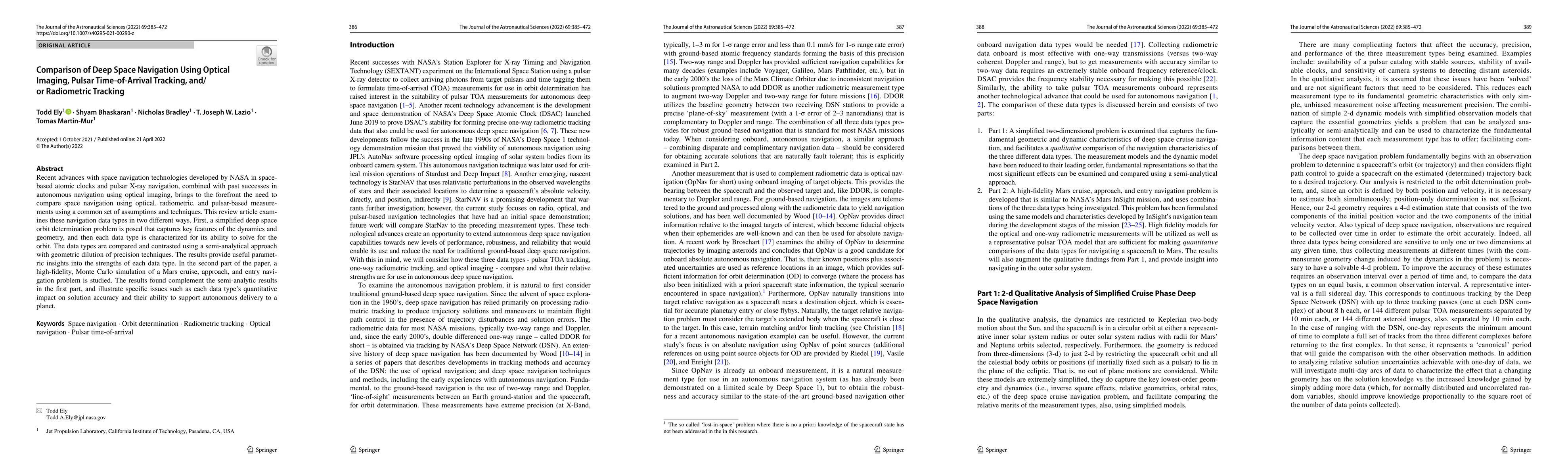 Thumbnail for Comparison of Deep Space Navigation Using Optical Imaging, Pulsar
  Time-of-Arrival Tracking, and/or Radiometric Tracking