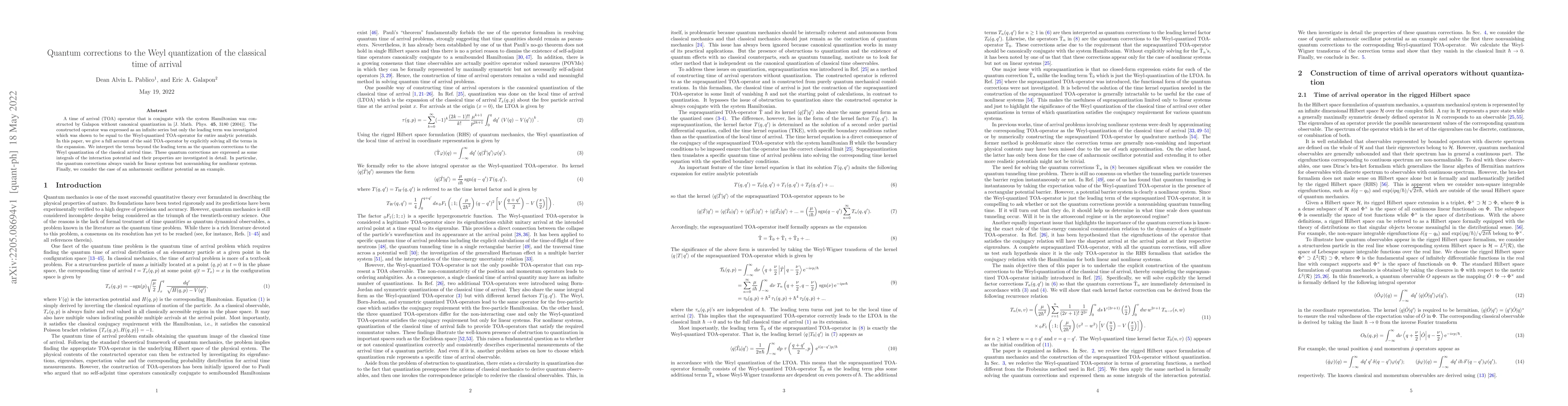 Thumbnail for Quantum corrections to the Weyl quantization of the classical time of
  arrival