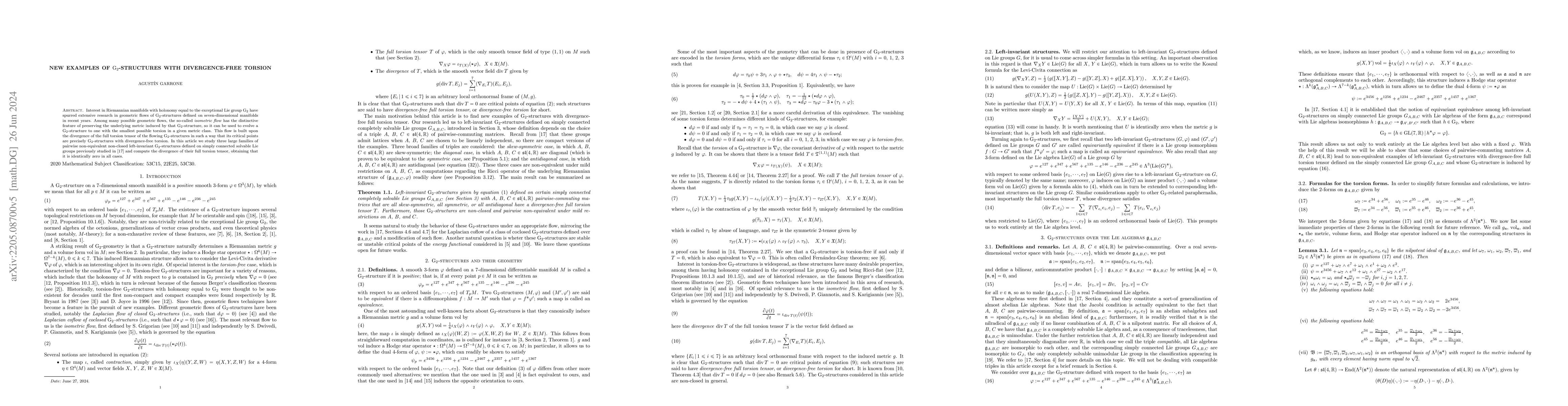 Thumbnail for New examples of G$_2$-structures with divergence-free torsion