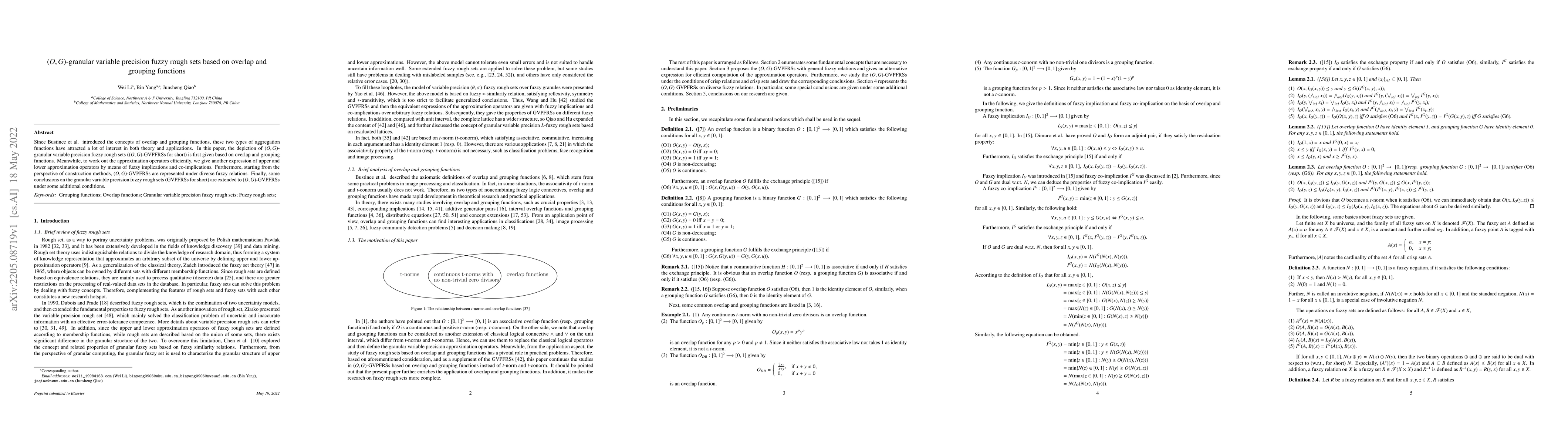 Thumbnail for $(O,G)$-granular variable precision fuzzy rough sets based on overlap
  and grouping functions