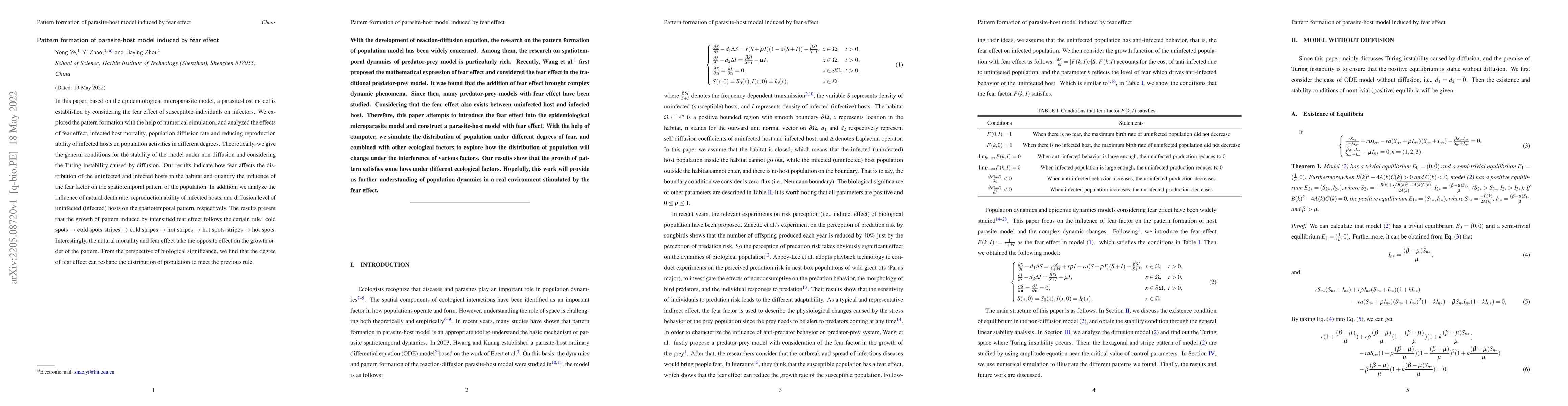 Thumbnail for Pattern formation of parasite-host model induced by fear effect
