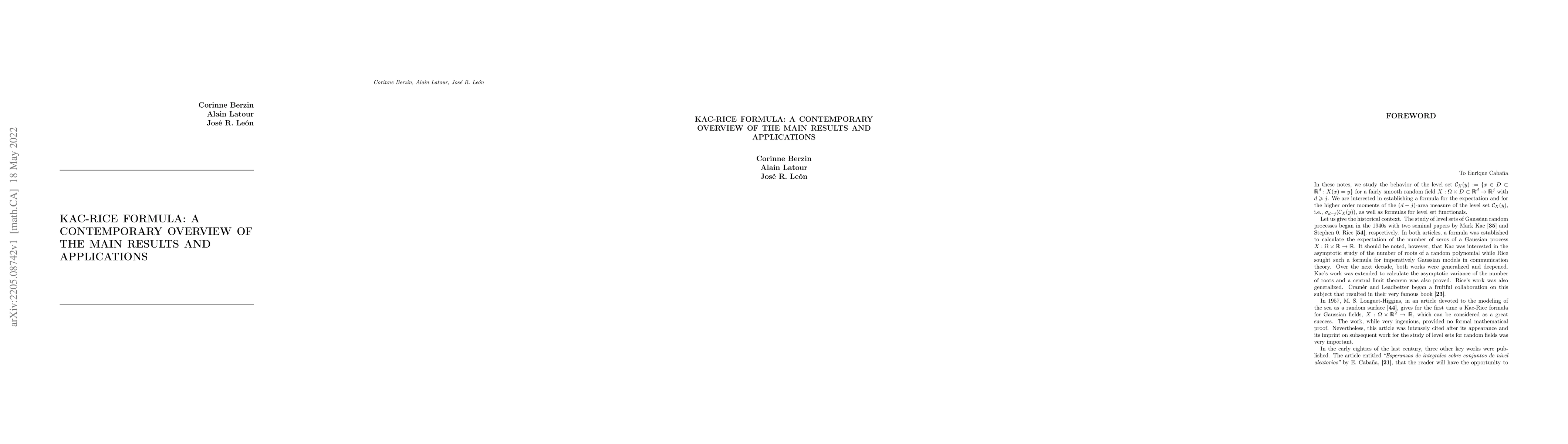 Thumbnail for Kac-Rice formula: A contemporary overview of the main results and
  applications
