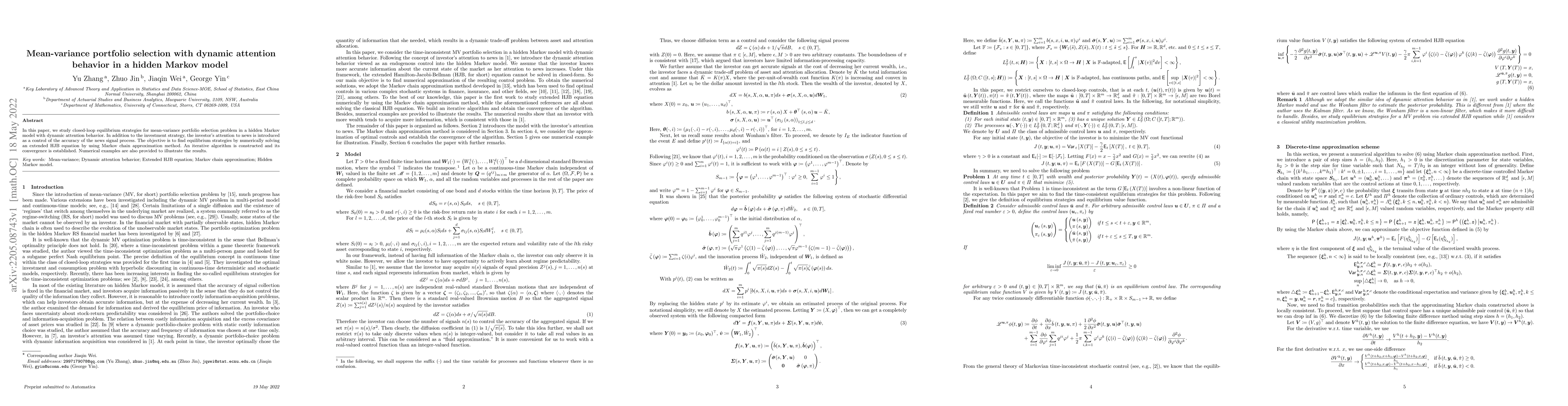 Thumbnail for Mean-variance portfolio selection with dynamic attention behavior in a
  hidden Markov model