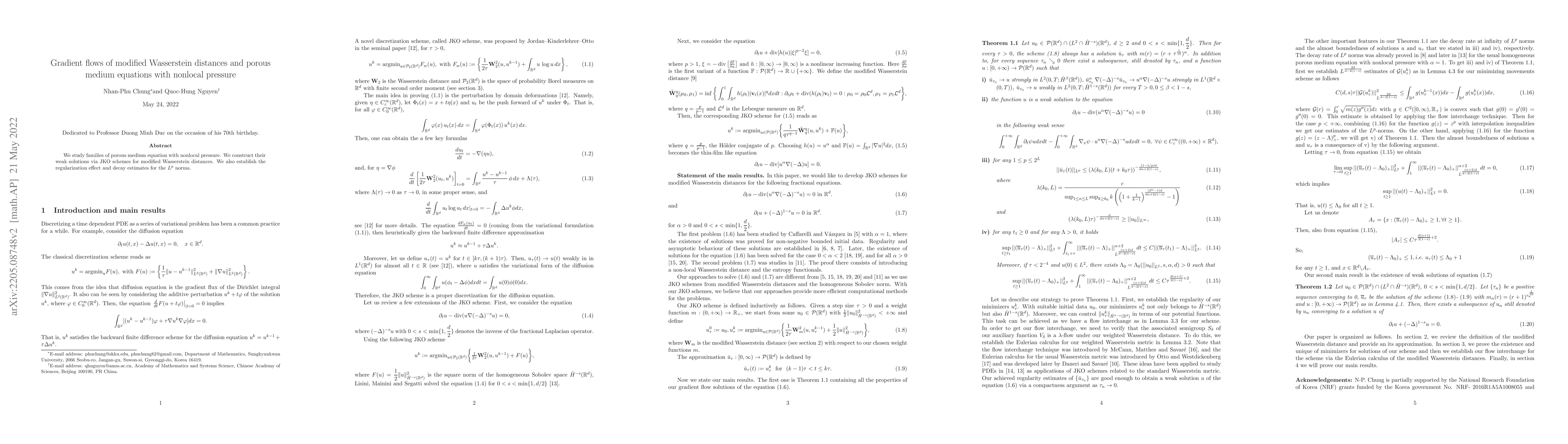 Thumbnail for Gradient flows of modified Wasserstein distances and porous medium
  equations with nonlocal pressure