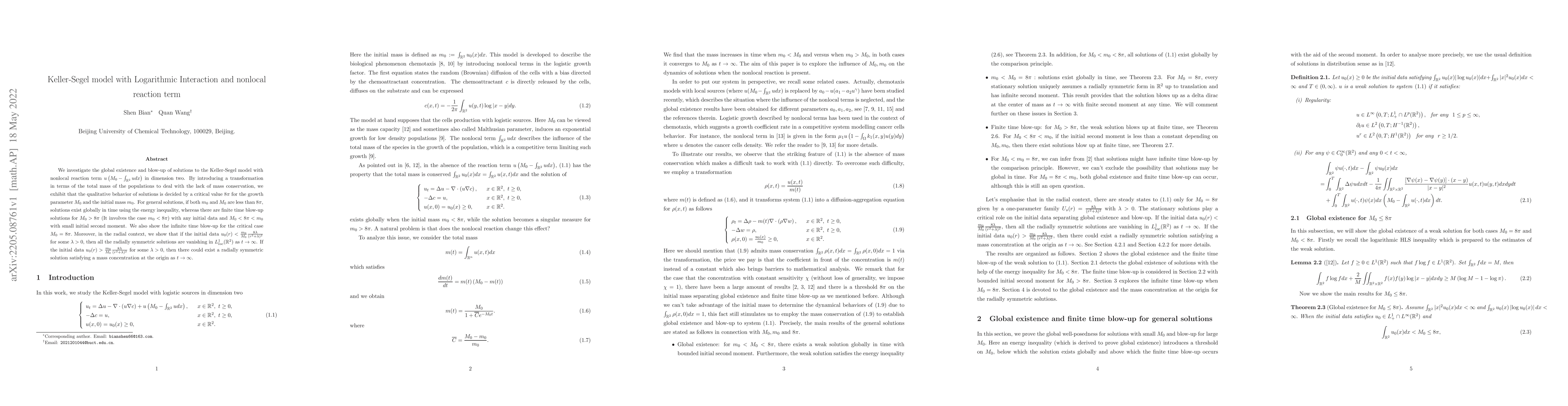 Thumbnail for Keller-Segel model with Logarithmic Interaction and nonlocal reaction
  term