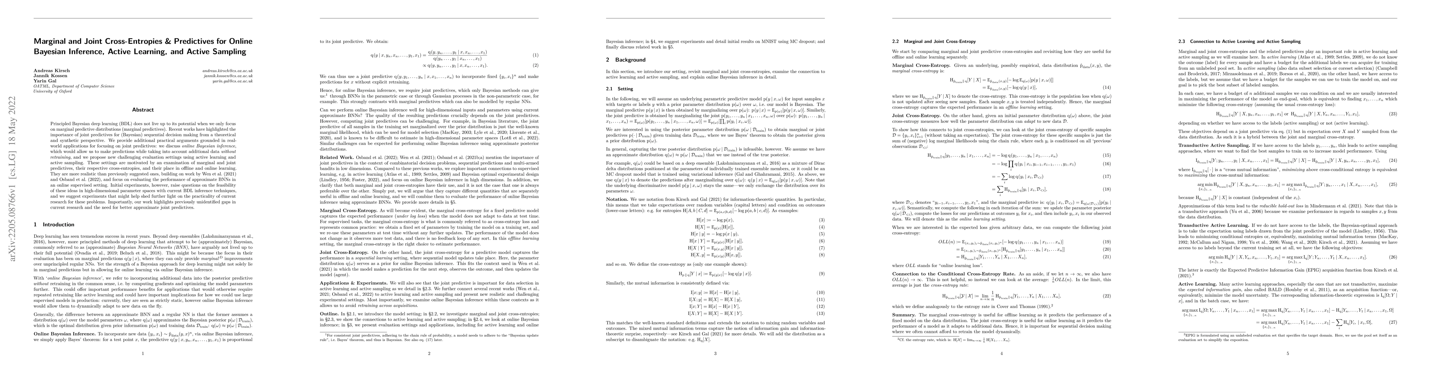 Thumbnail for Marginal and Joint Cross-Entropies & Predictives for Online Bayesian
  Inference, Active Learning, and Active Sampling