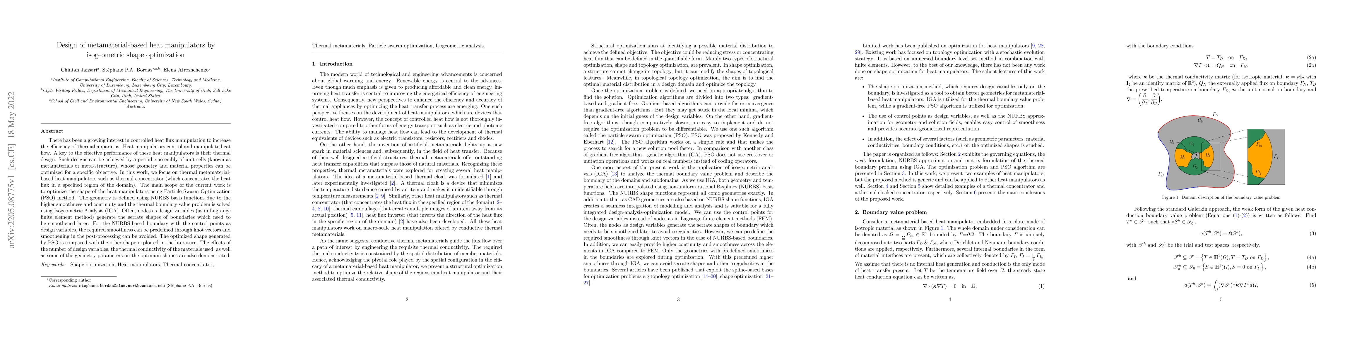 Thumbnail for Design of metamaterial-based heat manipulators by isogeometric shape
  optimization