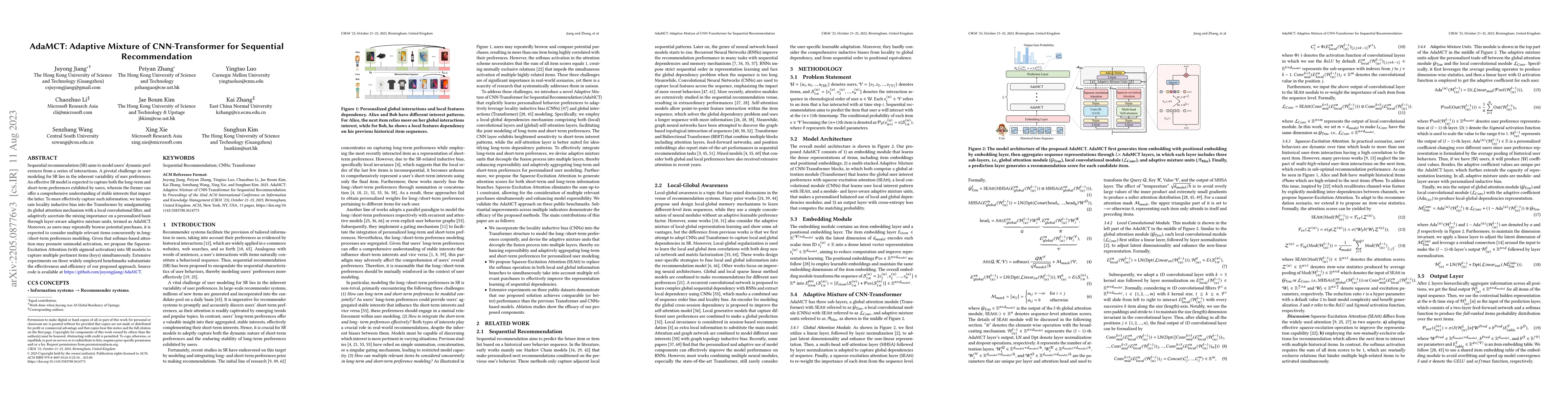 Thumbnail for AdaMCT: Adaptive Mixture of CNN-Transformer for Sequential
  Recommendation