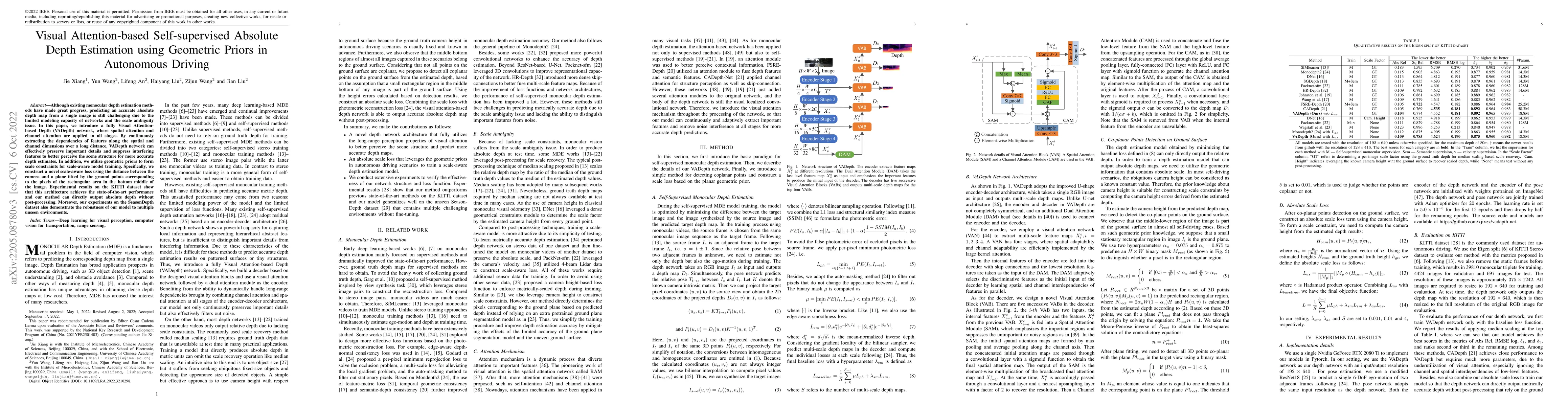 Thumbnail for Visual Attention-based Self-supervised Absolute Depth Estimation using
  Geometric Priors in Autonomous Driving