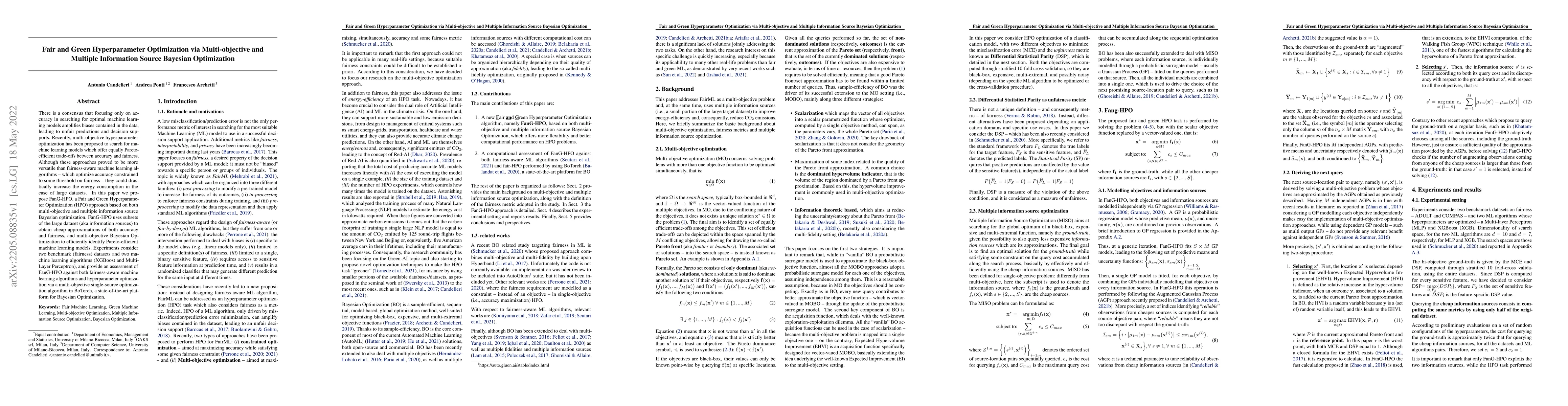 Thumbnail for Fair and Green Hyperparameter Optimization via Multi-objective and
  Multiple Information Source Bayesian Optimization